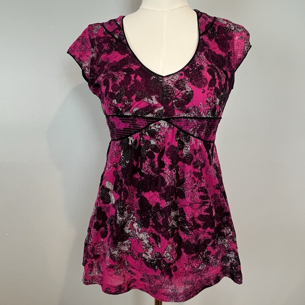 Vintage 90s DKNY Mesh Top Size XS Pink Black Baby Doll Blouse V Neck Stretch